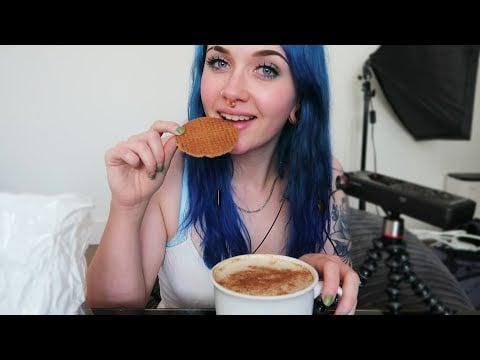 ASMR Eating Caramel Waffles (Stroopwafel) & Drinking Toffee Nut Latte (EATING & SLURPING SOUNDS) ☕