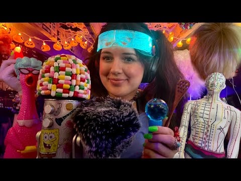 Hair brushing, honey spoon, water globes, finger lights/ fluffy, mouth sounds, scratching/ tapping