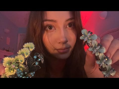 ASMR clipping your hair with pretty clips! (Whispering, mouth sounds, hair brushing) 