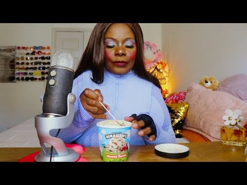 Ben & Jerry Cheery Chocolate Vanilla Ice Cream Treat ASMR Eating Sounds
