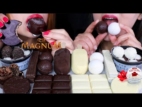 ASMR DARK + WHITE CHOCOLATE GOLF BALLS, MAGNUM ICE CREAM, OREO WAFER, MOCHI CUPS 먹방 | Kim&Liz ASMR