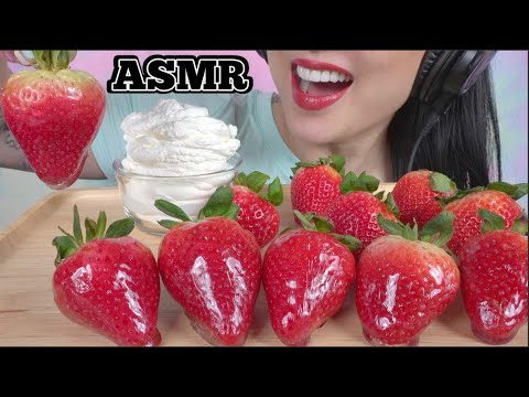 ASMR CANDIED GIANT FRESH STRAWBERRIES WHIPPED CREAM (CRUNCHY EATING SOUNDS) LIGHT WHISPER | SAS-ASMR