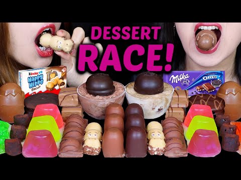 ASMR LEFTOVER DESSERT RACE! MINI CHOCOLATE MARSHMALLOW, KINDER HAPPY HIPPO, MILKA OREO EGG, JELLY 먹방