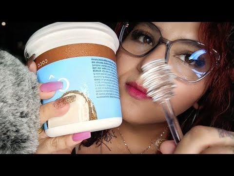 ASMR Comiendo yogurth griego de coco en tapita y con cucharita de vidrio