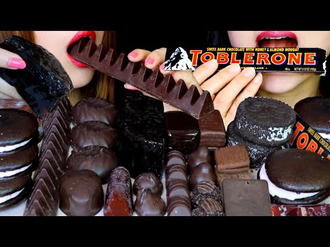 ASMR DARK CHOCOLATE TOBLERONE, BLACK JELLY, CHOCOLATE MARSHMALLOW, ICE CREAM SANDWICH, PIE, COOKIE먹방