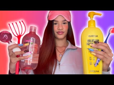 Asmr español 🌚 te preparo para dormir 😴 Skincare, te peino, cuento