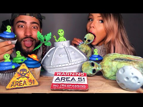 ASMR AREA 51 EDIBLE ALIENS, ALIEN UFO SPACESHIP, PLANETS, AREA 51 WARNING SIGN MUKBANG 먹방