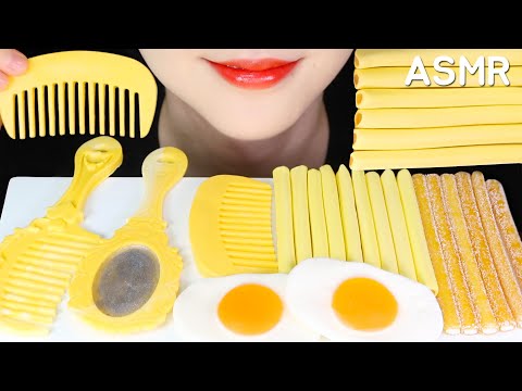 EDIBLE HAIR COMB ASMR EDIBLE HAIR BRUSH ASMR EDIBLE MIRROR ASMR YELLOW FOOD ASMR HARIBO GUMMY ASMR 🍋