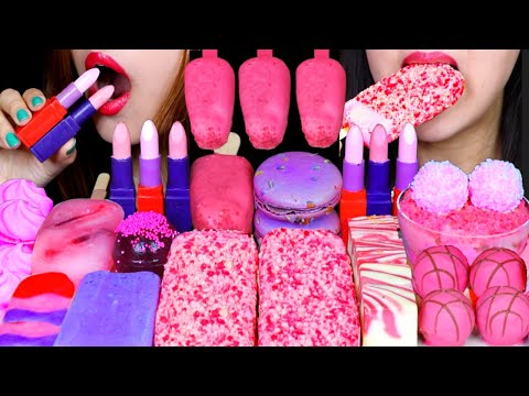 ASMR PINK + PURPLE EDIBLE LIPSTICKS, CAKE POPS, CHEESECAKE, ICE CREAM, CHOCOLATE TRUFFLE, JELLY 먹방