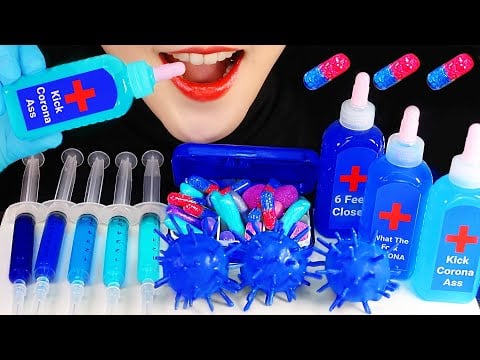 CORONAVIRUS ASMR EDIBLE PHARMACY ASMR SYRINGE JUICE, CANDY PILL 💙 BLUE FOOD ASMR