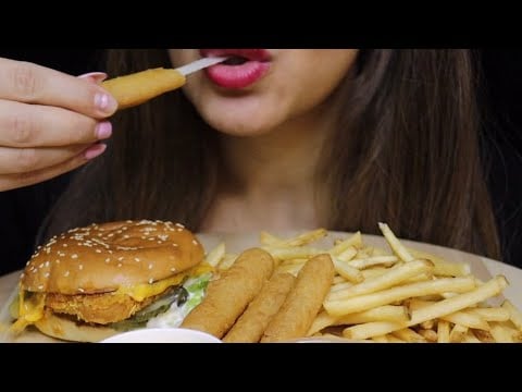 ASMR CRISPY CHICKEN BUFFALO BURGER MOZZARELLA STICKS MUKBANG no talking CREMA ASMR #asmr #mukbang