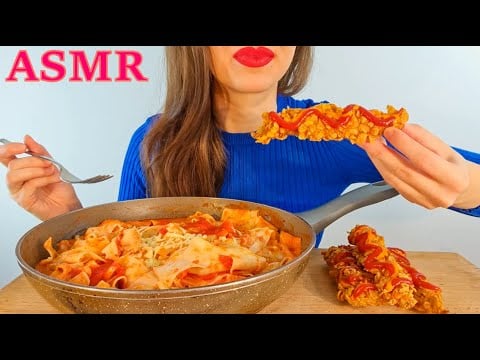 ASMR | Eating Spicy Creamy Noodles With Crispy Fried Chicken | EATING SOUNDS | Lady M. ASMR