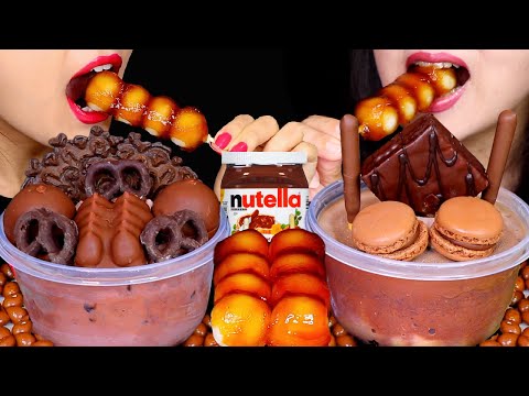 ASMR HUGE NUTELLA ICE CREAM SUNDAES + DANGO MOCHI, CARAMEL MARSHMALLOWS, CHOCO CAKE, MACARONS 먹방