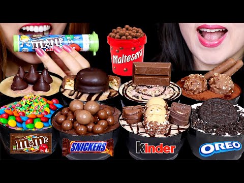 ASMR CHOCOLATE CAKE CUPS (MALTESERS, CARAMEL, OREO, FERRERO, M&M'S, SNICKERS, KINDER, MARSHMALLOW 먹방