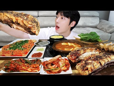 ASMR MUKBANG | 직접 만든 비빔면 & 통 삼겹살, 된장찌개, 계란찜, 김치 먹방 | 레시피 RECIPE FIRE NOODLES, Pork belly EATING