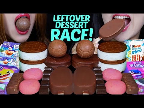 ASMR LEFTOVER DESSERT RACE! MILKA SNOBALLS, KINDER CHOCO, ICE CREAM SANDWICH, STRAWBERRY MACARONS 먹방