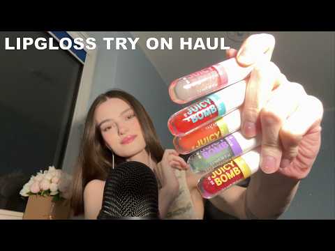 ASMR lipgloss try on haul (clicky whisper)