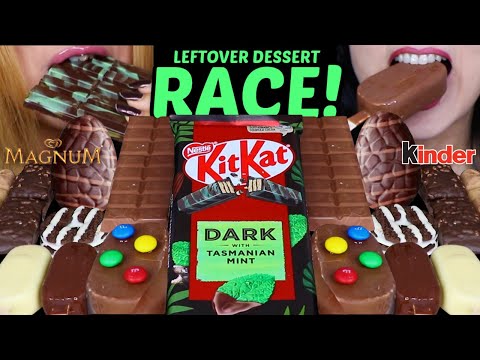 ASMR LEFTOVER DESSERT RACE! GIANT DARK CHOCOLATE MINT KITKAT, MINI MAGNUM ICE CREAM, M&MS, NUTELLA