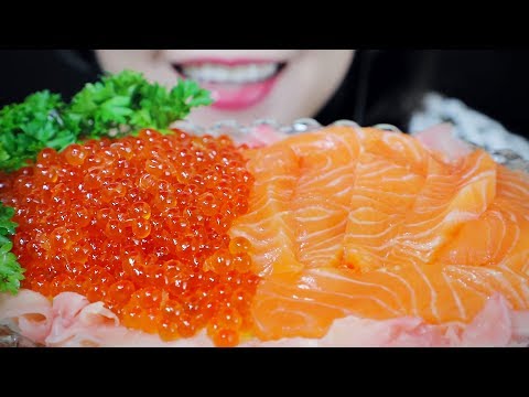 ASMR COOKED RICE WITH RAW SALMON AND SALMON EGGS , SOFT CHEWY CRUNCHY EATING SOUNDS | LINH-ASMR