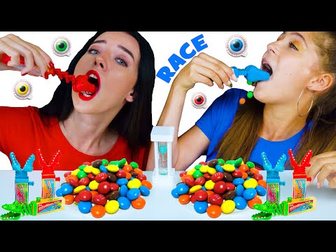 ASMR CANDY RACE WITH GATOR CHOMP (GUMMY EYEBALLS, WAX BOTTLES, MARSHMALLOW, CHIPS)