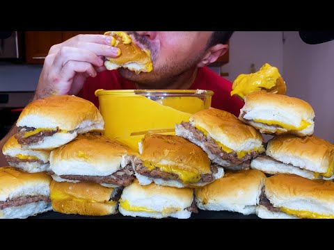 EATING 16 WHITE CASTLE CHEESE BURGERS ! * asmr mukbang no talking * cheese sauce food challenge