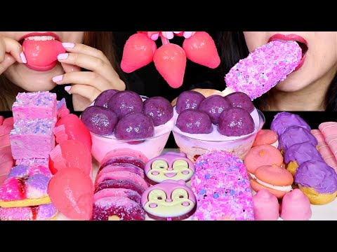 ASMR STRAWBERRY TIKTOK JELLY, PURPLE MOCHI BALLS (TANGYUAN), MARSHMALLOW, ICE CREAM, CREAM PUFFS 먹방