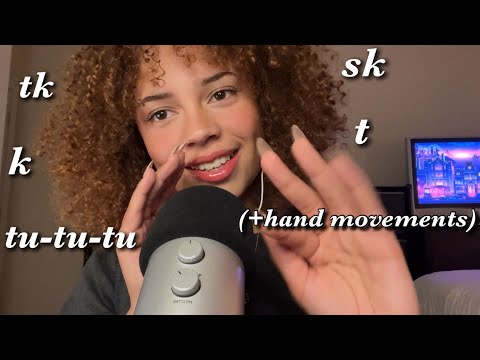 ASMR ear-to-ear tingly trigger word sounds (t, k, tk, sk, tu-tu-tu) + hand movements