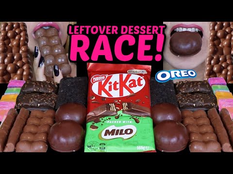 ASMR LEFTOVER DESSERT RACE! BIG KITKAT MILO, BUBBLY CHOCOLATE, OREO ICE CREAM, CADBURY TWIRL BARS 먹방