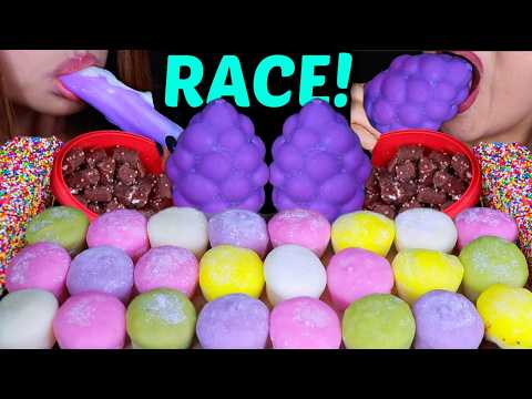 ASMR RAINBOW MOCHI ICE CREAM RACE! *soft and sticky* eating sounds 먹방