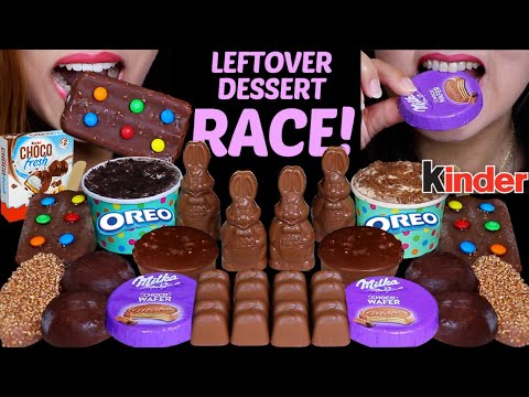 ASMR LEFTOVER DESSERT RACE! KINDER CHOCO FRESH, MILKA, KINDER MAXI KING, M&M'S, MOCHI ICE CREAM 먹방
