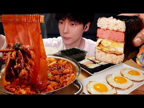 ASMR MUKBANG | 직접 만든 대왕 넙적당면 낙곱새 스팸 주먹밥 계란후라이 먹방 & 레시피  AND Tteokbokki EATING