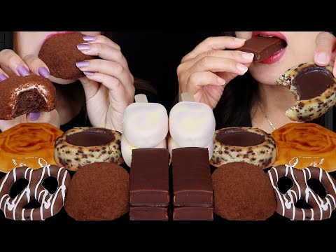 ASMR WHITE CHOCOLATE STRAWBERRY CHEESECAKE ICE CREAM BARS, TIGER CAKE, CHOCOLATE MILK SNACK CAKES 먹방