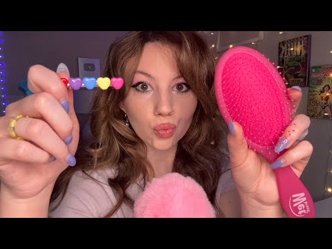 ASMR BRAIDING AND CLIPPING YOUR HAIR🍬💜(hair brushing, lipgloss, etc.)✨