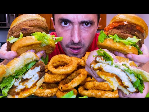 Asmr Eating DEEP FRIED CHEESE HALLOUMI BURGERS + Crunchy Onion Rings ! 튀긴 치즈 버거 | nomnomsammieboy