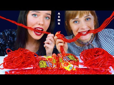 ASMR RED FOOD JUICY DROP TAFFY + GEL PENS, GUMMY SPAGHETTI, HOT SPICY CANDY EATING MUKBANG