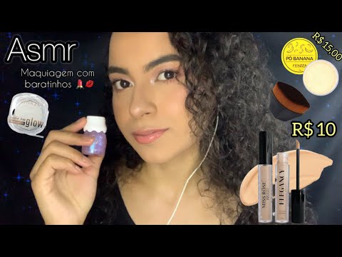 ASMR- MAQUIAGEM COM PRODUTOS BARATINHOS 💄💋