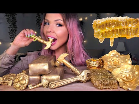 ASMR GOLD HONEYCOMB, EDIBLE TOOLS, JEWELRY, ROSES, KEYS, 24 KARAT GOLD CHICKEN NUGGETS MUKBANG 먹방