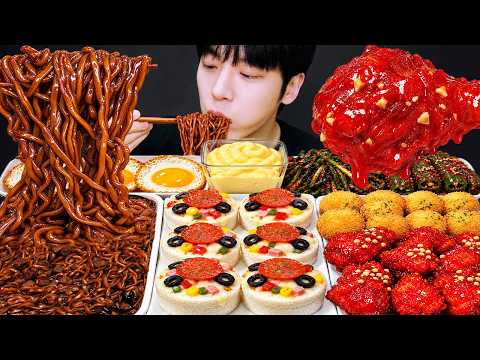 ASMR MUKBANG | 직접 만든 짜파게티 양념치킨 먹방! 피자 설기 만들기 & 레시피 FRIED CHICKEN AND BLACK BEAN NOODLES EATING SOUND