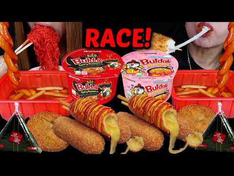ASMR SPICY FOODS RACE! Cheesy corn dogs, Buldak carbonara ramen, Tteokbokki, spicy tuna kimbap 먹방