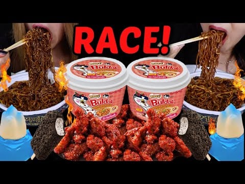 ASMR RACE BULDAK RAMEN, SPICY FRIED CHICKEN, PEACH ICE CREAM COMPETITON! 먹방