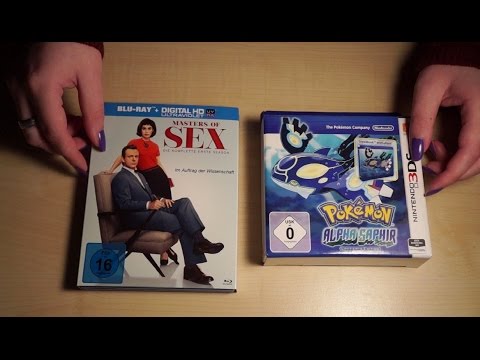 Binaural ASMR. Unboxing Pokémon Alpha Sapphire & Masters of Sex (Soft Spoken, Ear-to-Ear)