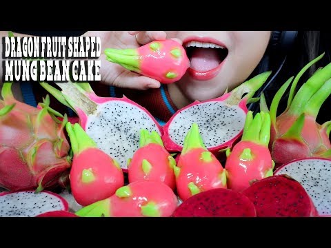 ASMR DRAGON FRUIT AND DRAGON FRUIT SHAPED MUNG BEAN CAKE SOFT CHEWY EATING SOUNDS LINH ASMR