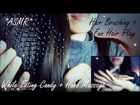 ASMR RELAXING HAIR BRUSHING + HAIR PLAY WHILE EATING CANDY + BONUS HAND LOTION MASSAGE