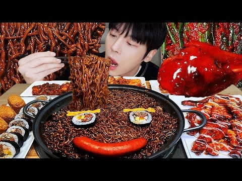 ASMR MUKBANG 직접 만든 양념 치킨먹방! 짜파게티 소세지 김치 레시피 & 먹방 BLACK BEAN NOODLES AND FRIED CHICKEN EATING SOUND!