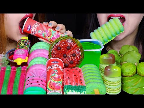 ASMR WATERMELON ICE CREAM, SOUR JELLY NOODLES, MOCHI, MACARON, JUICY DROP GUMMY, MATCHA CREAM PUFF먹방