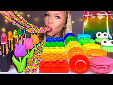 ASMR *RAINBOW FOOD* EDIBLE JELLY LIPSTICK, FLOWERS, LEGO BLOCKS, NERD ROPE, MACARON CANDY MUKBANG 먹방