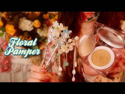 ASMR 🌼 Flower Hair, Skincare & Makeup Pamper 💐🌸 (no talking + music) {layered sounds}