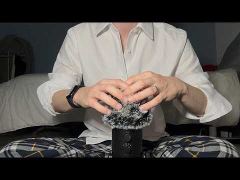 ASMR Fluffy mic scratching, gloves and mouth sounds for sleep (brown noise, soft rain, no talking)