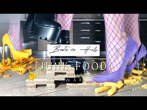 Junk Food War: 2 Boots vs. 2 High Heels! Oddly Satisfying Crushing! ASMR