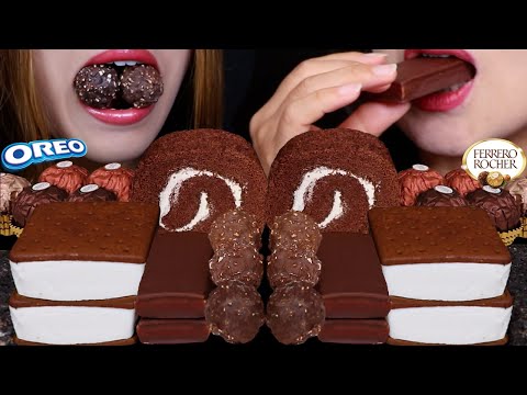 ASMR DARK CHOCOLATE FERRERO ROCHER BALLS, CREAM ROLL CAKES, MILK SNACK CAKES, OREO ICE CREAM BARS 먹방